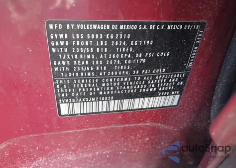 2018 Volkswagen Tiguan from USA, damaged, VIN 3VV2B7AX3JM218828